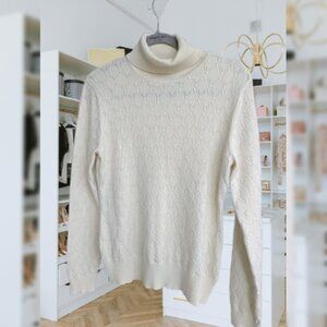Originaire Pointelle Cream Turtleneck Sweater w/ Brass Button Detail Women's XL